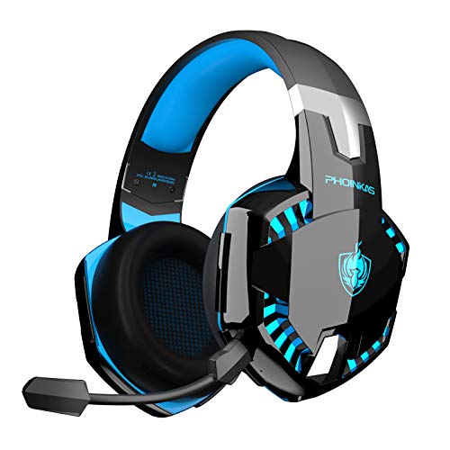 Auriculares PS4, PHOINIKAS Wired Gaming Kopfhörer für Xbox One, PC, Versión Mejorada Auriculares inalámbricos con Sonido Envolvente de Graves 7.1, Noise Cancelling-Mik, LED Licht - Blue