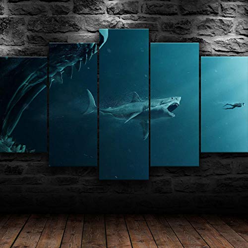 AWER Canvas Wall Art，Shark Megaladon Underwater Material Tejido Impresión，Impresión En Hd，Imagen Modular，decoración del hogar，5 Piezas 150x80cm，Con Marco