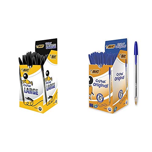 BIC Cristal Large bolígrafos Punta Gruesa (1,6 mm) - Negro, Caja de 50 unidades + Original Bolígrafos Punta Media (1,0 mm) - Azul, Caja de 50 Unidades, Perfecto para Oficinas