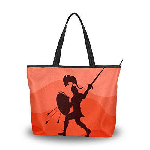 Bolsa de la compra con cremallera, diseño de héroe espartano y espada de jabalina, para mujer, grande, reutilizable, con asa superior, para la escuela, trabajo, gimnasio, playa, viajes al aire libre