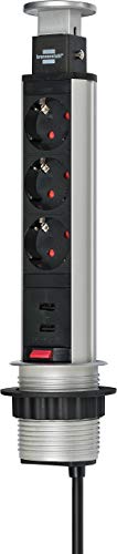Brennenstuhl Tower Power regleta de enchufes de mesa de 3 tomas de corriente (conector USB, cable de 2 m, retráctil en la mesa, montable) aluminio