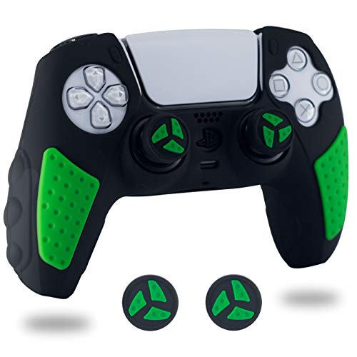 BRHE Funda de silicona antideslizante para mando de PS5, juego de accesorios para Playstation 5 Gamepad Joystick con 2 tapones de agarre para pulgar (verde y negro)