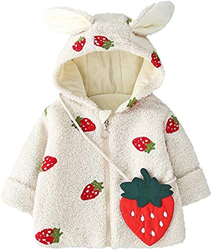 Carolilly - Abrigo de manga larga para recién nacidos, otoño e invierno, a la moda, bordado de fresas, bonito Plus, chaqueta cálida con orejas de conejos de terciopelo Bianco 2-3 años
