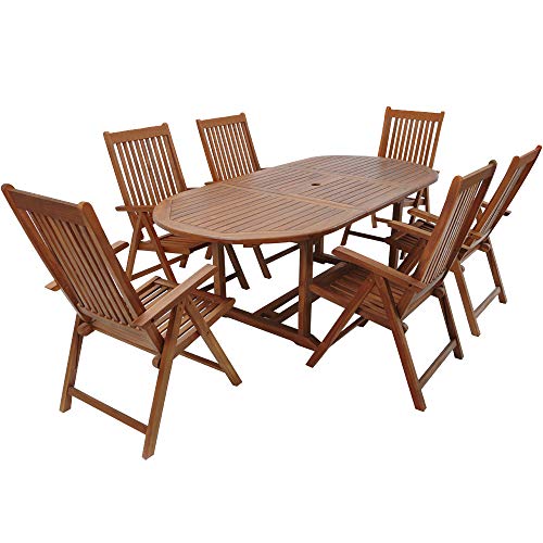 Casaria Conjunto de jardín de madera set de 1 mesa con extensión y espacio para sombrilla y 6 sillas plegables exterior
