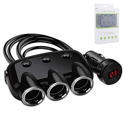 CHUER Cargador de Coche,Cargador de Mechero con 3 Adaptador de Mechero Y 2 Puertos USB 12V/24V, Adaptador De Encendedor De Cigarrillos con LED Voltaje Digital para GPS,Dash CAM,Teléfono,iPad,Tableta