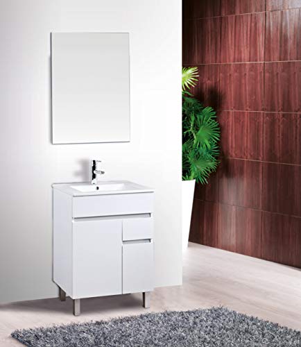 Conjunto de Mueble de baño con Lavabo de Porcelana y Espejo - 2 Puertas y 1 Cajón amortiguado - El Mueble va MONTADO - Modelo Clif (60 cms, Blanco)