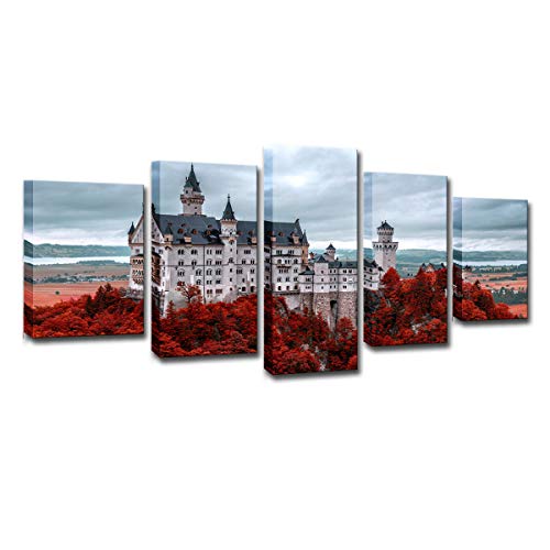 Cuadros Modernos Impresión de - Castillo de Neuschwanstein en otoño - Abstracto Impresión de 5 Piezas Material Tejido no Tejido Impresión Artística Imagen Gráfica Decoracion de Pared - 200x100cm