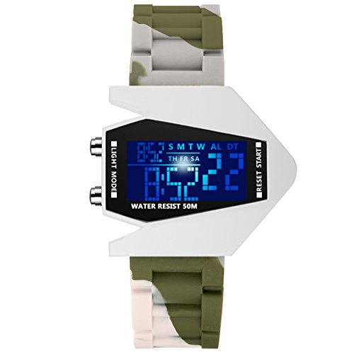 De los Hombres Reloj electrónico de Camuflaje,Reloj led 30m Impermeable Luminoso Calendario Alarma Retro Estudiantes Masculinos y Femeninos Forma de avión-A