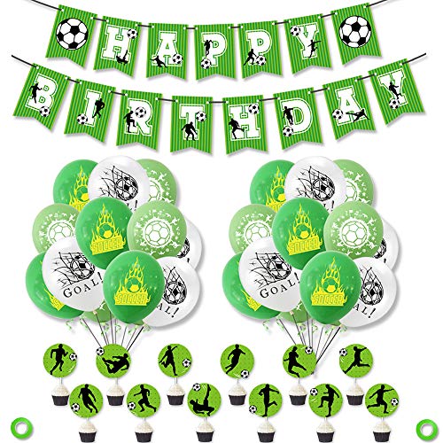 Decoración de cumpleaños de fútbol Suministros para fiestas, pancarta de cumpleaños de fútbol, adornos para tartas, globos de látex para fiestas de la Copa del Mundo para niños, fanáticos del fútbol