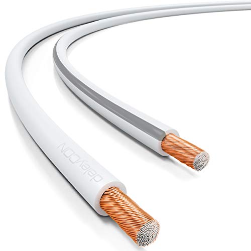 deleyCON 25m Cable de Altavoz 2X 1,5mm² Aluminio Recubierto de Cobre CCA Marca de Polaridad 2x48x0,20mm Trenza BauPVO/CPR - Blanco