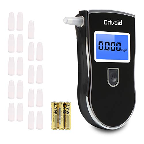Drivaid Alcoholimetro Digital Homologado, Profesional Portátil de Alcohol con Pantalla LCD，Semi-Conductor de la Tecnología de Sensor，20 Boquillas, 3 baterías AAA