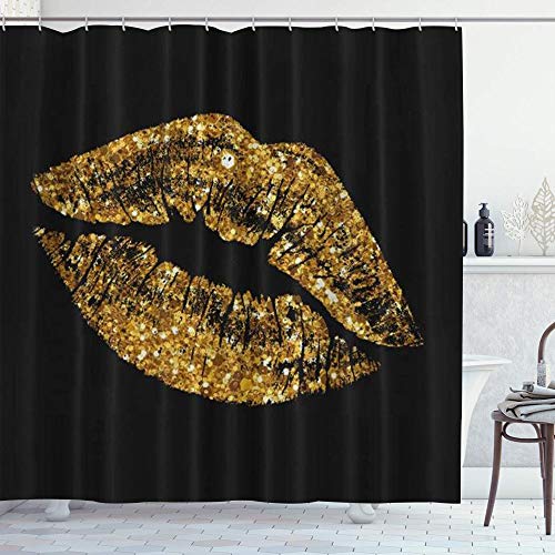 DYCBNESS Cortina de Ducha,Tema de Golden Sparkling Lips,Material Resistente al Agua Durable Estampa Digital Cortina de Baño Impermeable,180 x 180 cm