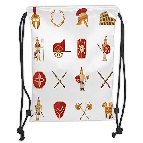 Fevthmii Drawstring Backpacks Bags,Toga Party,Fighters Gladiators Greek Antiquity Warriors Icons Set in Graphic Style Decorative,Orange Brown Red Soft Satin,5 Liter Capacity,Adjustable STRI