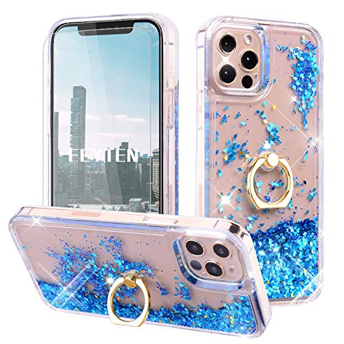 Feyten Funda para iPhone 12 Pro MAX [2-Unidades Cristal Vidrio Templado],Glitter Moda 3D Bling Flowing Liquida Flotante Sparkly Brillante Carcasas para iPhone 12 Pro MAX (6,7 Pulgadas) (Azul)