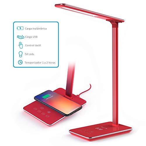 FLUX'S - Lámpara Escritorio LED con Carga Inalámbrica Wireless y Puerto USB, Flexo de Lectura con 4 Modos y 10 Niveles de Brillo, Control Táctil Regulable y Temporizador, Bajo Consumo (Rojo)