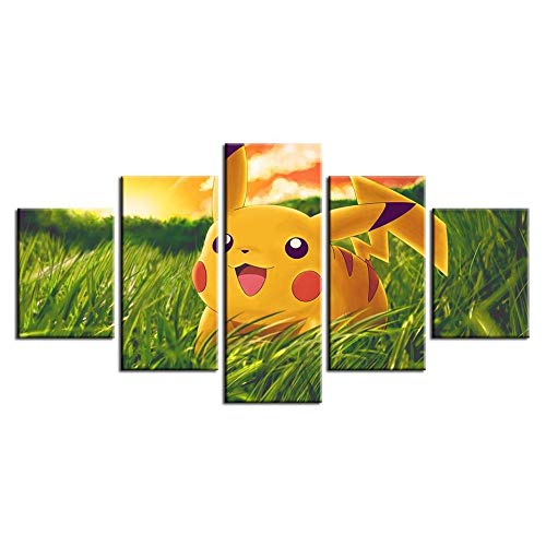 GANFANREN Decorative Pictures Painting Spray Canvas 5 Pieces Pikachu Pokemon – Cartoon Canvas Wall Picture Furniture Art Deco-100 * 55cm-Framed
