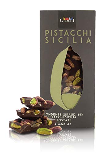 Giraudi Tableta de Chocolate Negro 61% con pistachos de Sicilia, producción Artesanal - 100 gr