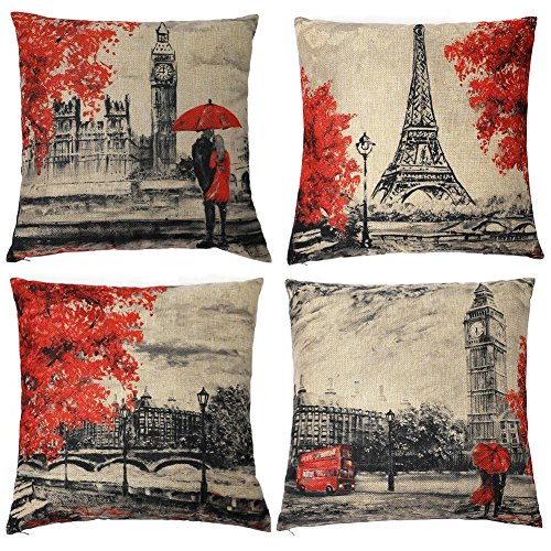 Gspirit 4 Pack Torre Eiffel Big Ben Lino Algodón Throw Pillow Case Funda de Almohada para cojín 45x45 cm Color Negro y Rojo
