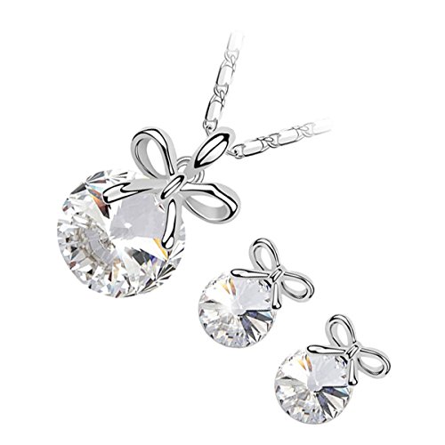 GWG Jewellery Juego de Joyas Mujer Regalo Conjunto Collar y Pendientes, Chapado en Plata de Ley Cristal Redondo Blanco Decorado con Lazo Festivo por Encima para Mujeres GWG Jewellery Juego de Joyas Mujer Regalo Conjunto Collar y Pendientes, Chapado en Plata de Ley Cristal Redondo Blanco Decorado con Lazo Festivo por Encima para Mujeres