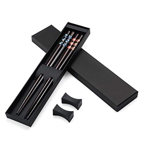 Haosell Juego de 2 pares de palillos negros + 2 palillos de madera natural Chopsticks respetuosos con el medio ambiente en elegante caja de regalo de madera negro palillos chinos