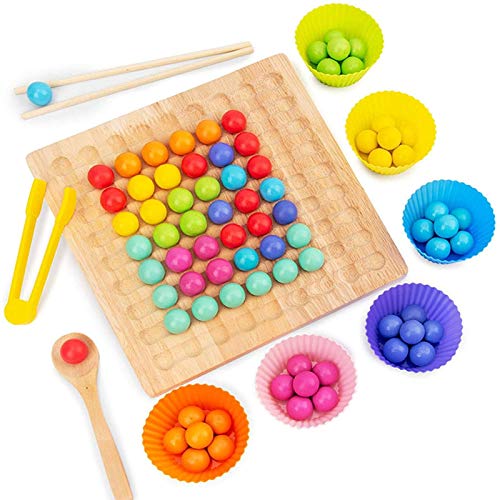 HHYSPA Wooden Rainbow Ball Elimination Game, Rainbow Ball Cube Fidget Educational Toy, Recognition Training Clip Beads Game for Kids