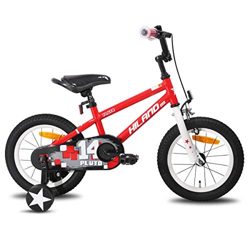 HILAND Pluto - Bicicleta infantil de 14 pulgadas para niñas y niños de más de 3 años con ruedas de apoyo, freno de mano y freno de contrapedal, color negro