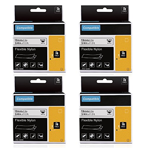 Invoker–Etiquetas industriales compatible para usar en lugar de Dymo Rhino 18489 Flexible Nylon Cabel 19 mm x 3,5 m, para DYMO Rhino 4200,5000,5200,6000, RhinoPro, Negro sobre blanco, pack de 4