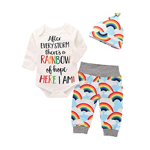 Julhold Conjunto de ropa para bebés y niñas y niños con estampado de nubes de manga larga con letra de arco iris y pantalones y gorro