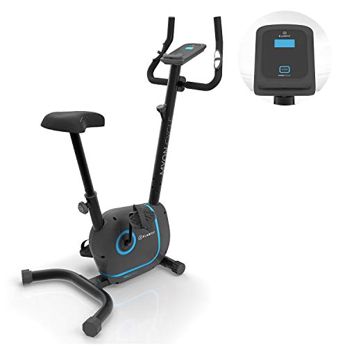 Klarfit Myon Cycle - Bicicleta estática, Volante de inercia de 12kg, Tracción por Correa con tecnología Silent Belt, 8 Niveles, Pulsómetro, Altura Regulable, Soporte para Tablet, Negro