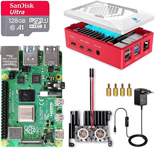 LABISTS Raspberry Pi 4 Model B 8GB RAM Starter Kit, RPI Barebone con MicroSD 128GB, Tipo C Alimentador 5.1V 3A, Ventilador 2 Micro HDMI, Raspberry Pi 4 Case Protectora Roja, Lector de Tarjeta