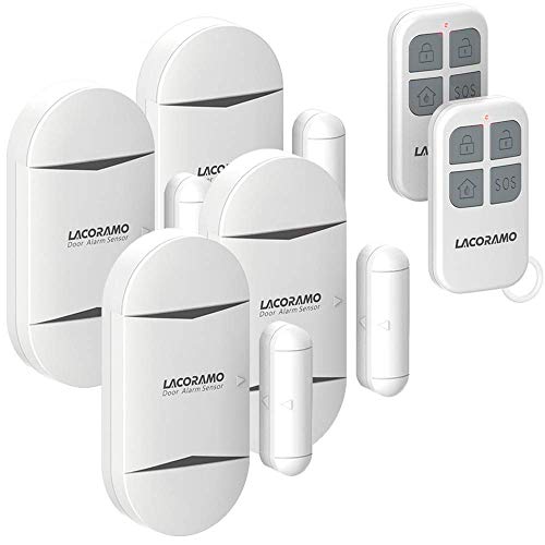 LACORAMO 130db Sensor de alarma para puertas y ventanas con 2 controles remotos, 2 baterías, campana de apertura de contacto magnético inalámbrico para niños, hogar, refrigerador, tienda (4 paquetes) LACORAMO 130db Sensor de alarma para puertas y ventanas con 2 controles remotos, 2 baterías, campana de apertura de contacto magnético inalámbrico para niños, hogar, refrigerador, tienda (4 paquetes)