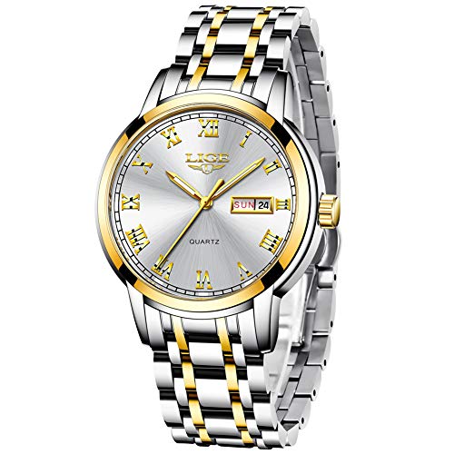 LIGE Relojes Hombre Acero Inoxidable Impermeable Deportes Analógico de Cuarzo Hombres Reloj Lujo Calendario Dorado Blanco Reloj Hombre