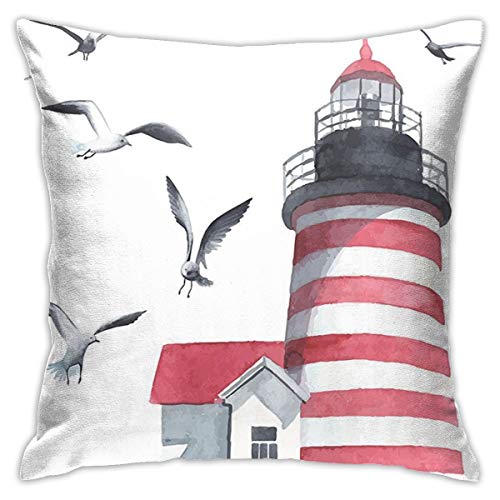 Lighthouse And Seagulls On The Beach Navigational Aid On Seaside Waterways Art Pink Grey White Fashion Pillow 18inch*18inch,Pillowcase Decorative Square Sofa Bedroom Car - No Inserts Included