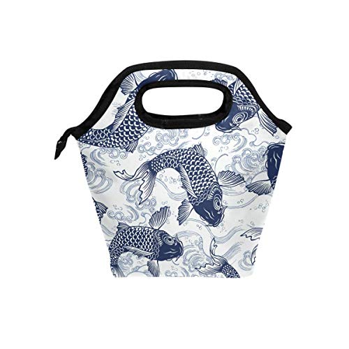 Lunch Bag Blue Hand Painted Fishes Lifelike Insulated Lunchbox Thermal Portable Handbag Food Container Cooler Reusable Outdoors Travel Work School Lunch Tote