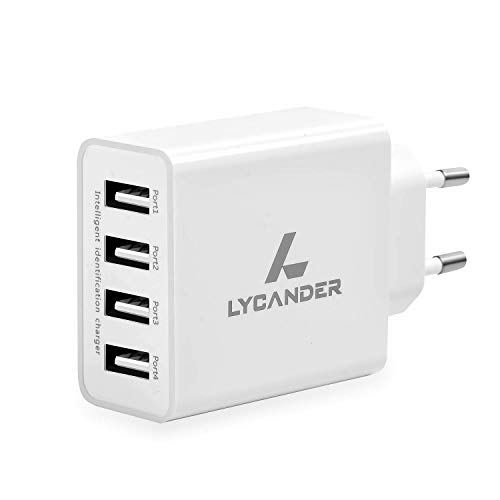 LYCANDER Cargador de pared USB con enchufe UE (Europeo), 4 puertos USB 5A/25W, tecnología de carga adaptativa