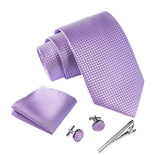 Massi Morino ® Set de corbata (caja regalo para hombres) Corbatas de hombre y pañuelos + gemelos + clip de corbata (Púrpura)