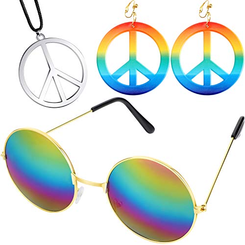 meekoo 60s 70s Set de Accesorios de Aderezo para Hippie, Incluye Aretes y Collares con el Signo de la Paz, Gafas Estilo Hippie para Fiesta Temática o Halloween (Color 1)