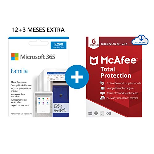 Microsoft 365 Familia | Apps Office 365 | PC/MAC/teléfono | Suscripción anual | 12+3 Meses | + McAfee Total Protection 2020 | 6 Dispositivo | 12 Meses | PC/Mac/Android/Smartphones - Código por email