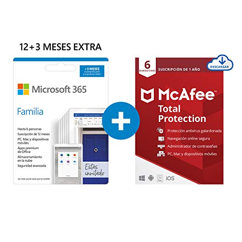 Microsoft 365 Familia | Apps Office 365 | PC/MAC/teléfono | Suscripción anual | 12+3 Meses | + McAfee Total Protection 2020 | 6 Dispositivo | 12 Meses | PC/Mac/Android/Smartphones - Código por email Microsoft 365 Familia | Apps Office 365 | PC/MAC/teléfono | Suscripción anual | 12+3 Meses | + McAfee Total Protection 2020 | 6 Dispositivo | 12 Meses | PC/Mac/Android/Smartphones - Código por email