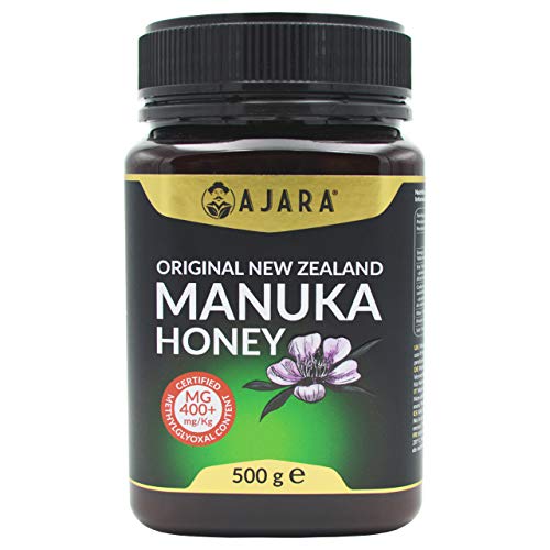 Miel de Manuka MGO 400+ Activo, Crudo, Puro y Natural al 100% - Producto Certificado Metilglioxal en Nueva Zelanda - Terapéutico Antiviral y sana la piel - AJARA 500g