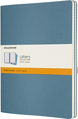 Moleskine Cahier Journal (juego de 3 cuadernos con páginas forradas, cubierta de cartón y bordado de algodón, extra grande de 19 x 25 cm, 120 páginas) Azul