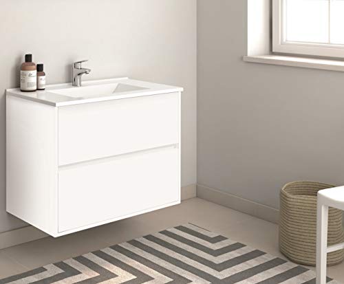 Mueble de baño Suspendido con Lavabo de Porcelana - con 2 Cajones - El Mueble va MONTADO - Modelo SADO (60cms, Blanco) Mueble de baño Suspendido con Lavabo de Porcelana - con 2 Cajones - El Mueble va MONTADO - Modelo SADO (60cms, Blanco)