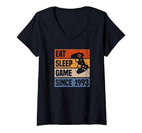 Mujer Eat Sleep Game Since 1993 28º Cumpleaños 28 Años Videojuego Camiseta Cuello V