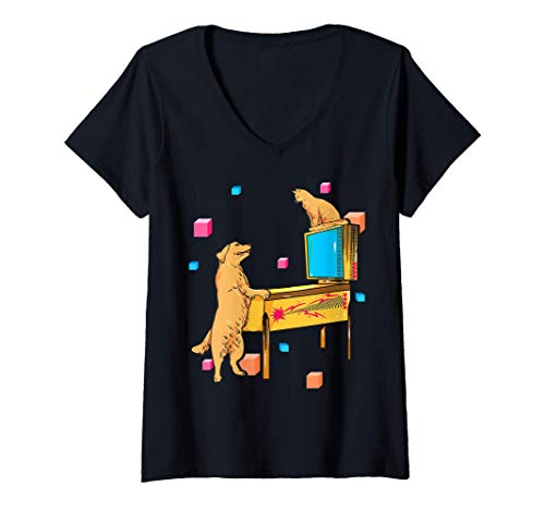 Mujer Pinball Wiz Dog Cat jugando Pinball Machine Camiseta Cuello V