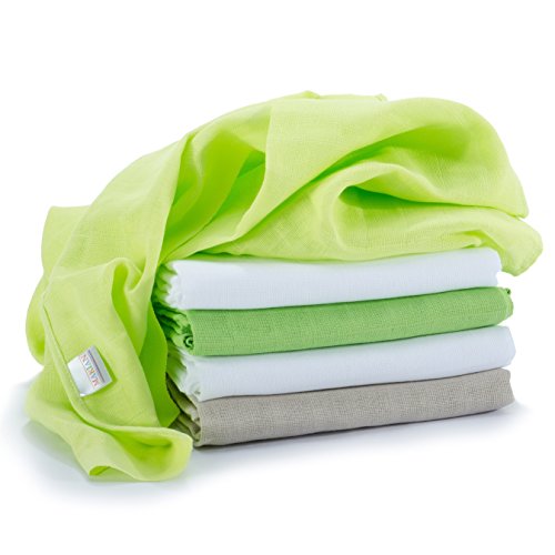 Muselina / Paño / Gasa algodón bebé - 5 Ud., 70x70 cm, verde, blanco - Tejido doble con bordes reforzados, lavable a 60°, certificado OEKO-TEX Standard 100
