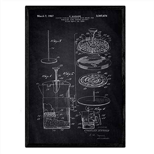 Nacnic Poster con patente de Cafetera 3. Lámina con diseño de patente antigua en tamaño A3 y con fondo negro