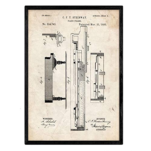 Nacnic Poster con patente de Piano 3. Lámina con diseño de patente antigua en tamaño A3 y con fondo vintage
