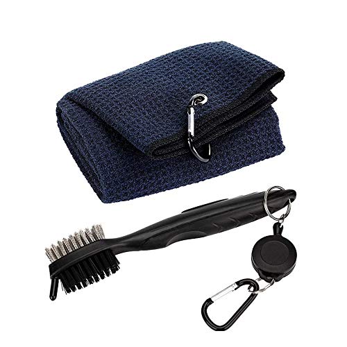 Namvo Kit de limpiador de cepillo y toalla, de doble cara de nailon y acero para palo de golf, cepillo con clip de bucle para colgar en bolsa de golf, regalos para él, color negro