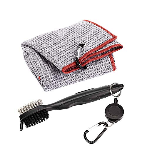 Namvo Kit de limpiador de cepillo y toalla, de doble cara de nailon y acero para palo de golf, herramienta de limpieza con clip de bucle para colgar en bolsa de golf, regalos para él