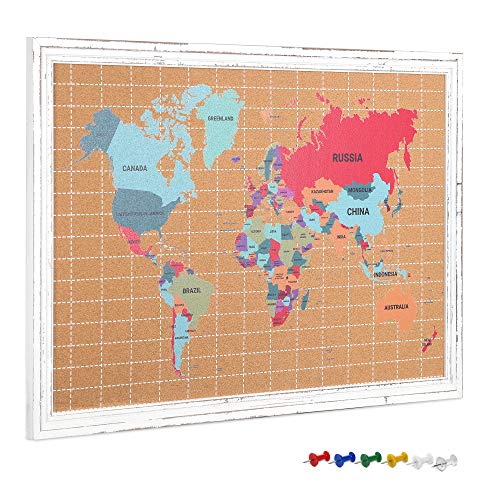 Navaris Tablero de corcho con mapa mundi - Memo board con marco de madera para colgar notas fotos postales - Pizarra con mapa mundial con chinchetas